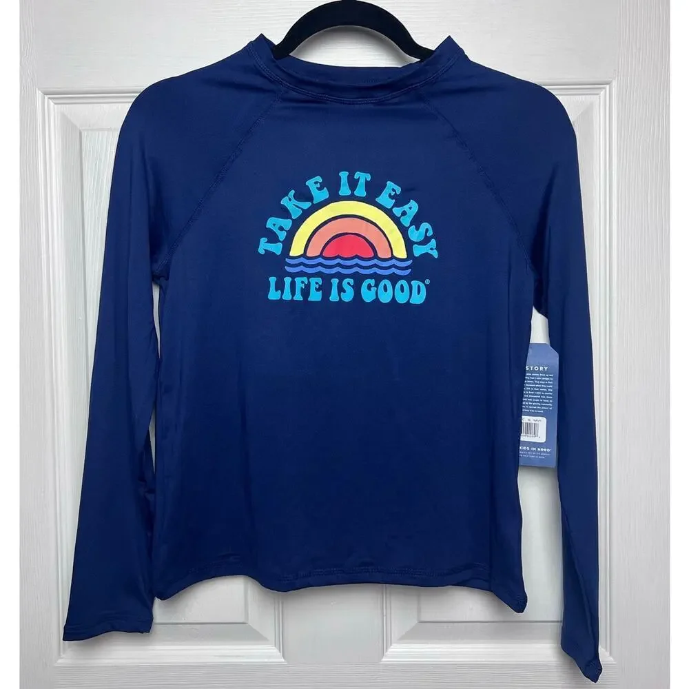 Life is Good Sun Shirt Kids Navy Long Sleeve Stretch UPF 50 Unisex Size XL